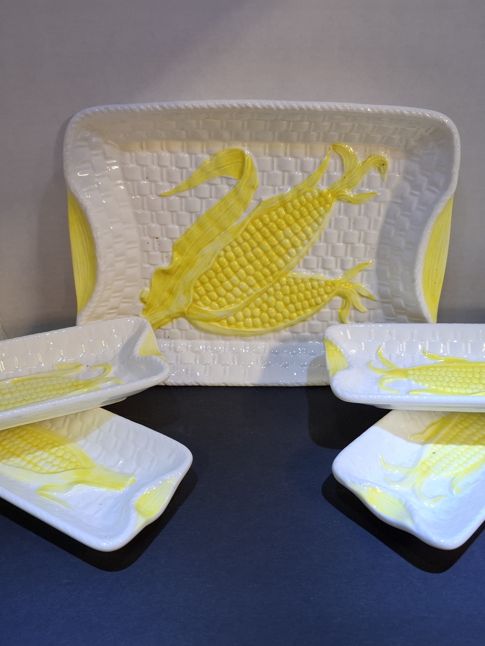 Vintage Ceramic Corn Pattern Serving Platter and Dip Dish 5 Pc Set - Yellow